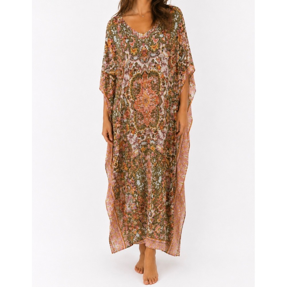 Ellen Tracy Paisley Kaftan Maxi Dress Green Pink V-Neck Pockets S/M